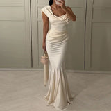 Summer Backless Ribbon Sleeveless Evening Dress Women Sexy Simple Design Satin Long Dress Elegant Skew Neck Slim Mermaid Dresses