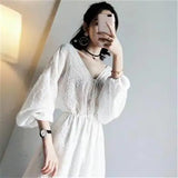 Pbong  Korean Elastic Waist Woman Dress V Neck  Embroidery Sweet Bandage Temperament Dresses Vintage Robe Femme