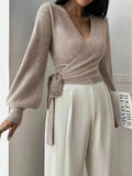 Ladies' autumn and winter fashion solid color V-neck lace up cardigan knitted sweater
