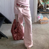 Pink Vintage Leopard Women Jeans Wide Leg American Retro Denim Pants Baggy High Waist Animal Print Trousers Gyaru New