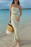 2025 New Tube Top And Long Skirts Knitting Vacation Summer Outfits Stripe Strapless Tank And Tight Skirt Sexy Beach 2 Piece Set
