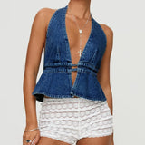 Pbong  Women's Y2K Summer Halter Neck Crop Tops Bow Tie-up Sleeveless Deep V-Neck Backless Solid Color Denim Flare Vest