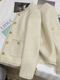 French Sweet Tweed Jacket Women O Neck Elegant Slim Long Sleeve Coat Vintage Casual Single Breasted Female Fall Winter Tops