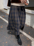Pbong  Japanese Vintage Long Skirts Woolen Fabric Pleated Patchwork Plaid High Waist Skirt Autumn Winter New Slim Women's Clothing