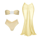 3Pcs Sexy Bikini Set Women Swimsuit 2025 Swimwear Female Yellow Bandeau Biquini Mesh Skirt Bathing Suit Summer Beach Outfits