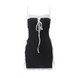 Sexy Cross Bandage Patchwork Mini Dress Y2K Streetwear Spaghetti Straps Low-cut Dresses Summer Casual Women's Vestidos