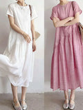 Pbong  Summer New Women's Short Sleeve Linen Dress Comfortable Casual Cotton Linen Midi Skirt Commute Artistic Style Loose Waist