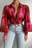 Pbong  Office ladies elegant top, fashionable button up long sleeved shirt, retro women's printed lantern sleeve shirt
