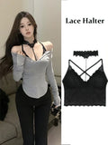 Pbong  Sexy Lace 2 Piece Set Off Shoulder Long sleeve T-shirt Women Halter Corset Top Cami Top Set Basic Blouse Evening Party Outwear