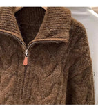 Women Autumn Winter New Lazy Style Loose Knitted Cardigan Retro Solid Color Double Zipper Turn-down Collar Sweater New Women Top