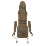 Vintage Summer Slim Waist Tunic Women Dresses Fashion Hooded Sleeveless Pleated Mini Dress Korean Sexy Y2k Vestido De Mujer