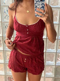 Red Plaid Buttons Tank Shorts Set Woman Back Lace-up Lace Trim Slim Camis+Elastic Waist Sweatshorts Sweet Cotton 2 Piece Sets