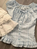 Sweet Fresh French Puff Short-sleeved Ruffled Shirts Women's Summer High-end Waist Slimming Temperament Single Breasted Blouse