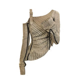 2000s Aesthetic Vintage T-shirts Women Sexy Y2k Punk Gyaru Long Sleeve Crop Streetwear Asymmetrical Top Slash Neck Tee