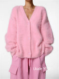 Spring Autumn Women Cardigan Sweater Jacket 2025 Imitation Mink Fur Versatile Female Sweater V-neck Loose Ladies Knitted Top