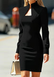 Pbong  Elegant Long Sleeve Bodycon Dress Autumn Winter New Style High Collar Shoulder Pad Cotton Wrap around Skirt Formal Dress