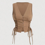 Vests Spring Summer French  Skinny Fit Single Breasted Lace-Up Sleeveless V-Neck Fashion Vests For Women