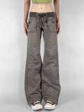 American Retro Causal Solid Women’s Jeans Straight Loose Fashion Trendy All-Match Drawstring Trousers