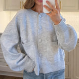Pbong  Women Autumn Knit Cardigans with Pockets Casual Button Up O Neck Long Sleeve Knitwear Vintage Loose Fit Sweater Coats Winter