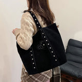 Pbong  Trendy Suede Tote Bag, Studded Detail & Heart Accent, Spacious, Versatile Shoulder Armpit Bags for Daily Commute Casual Outings