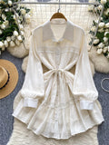 Gentle Korean Shirt Dress Female Single Breasted Lace Spliced Fashion Long Sleeve Women A Line Solid Autumn Chic Dress