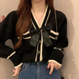 Coquette Cardigan Sweater Woman Kawaii Bow Hollow Out Knitted Tops Korean Fashion Sweet Preppy Cute Aesthetic Solid