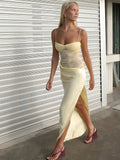 Lace Splice Long Spaghetti Strap Dress Female Backless High Slit Sexy Vacation Dress Elegant Sleeveless Women's Fashion