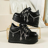 Pbong  10cm Pu Women Shoes Platform Wedge New Fashion Chunky Sneakers Casual Spring Autumn Chain Pumps Vulcanized Black