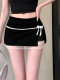 Pbong  A-Line Mini Skirt Women's Clothing Lace Patchwork Jupe Fashion Summer Saia Split Sweet Bow Y2k Skirts