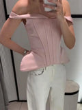 Pbong  Blush Off-Shoulder Corset Peplum Top Structured Waist Fitted Blouse for Summer Fashion Office Party Casual  Women Blouse