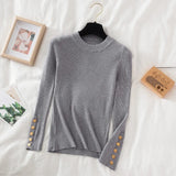 Gold Button Pullovers Sweater Women Long Mock Neck Fitted Knit Top Soft Jumper Streetwear Sweater Fall Winter Layered Outfit