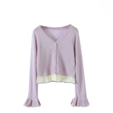 Patchwork Knitting Spring Summer Cardigan Top Women's V-neck Button Solid Casual Thin Jacket Flare Sleeve Ruffle All-match Coat