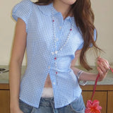 Women Plaid Shirts Short Sleeve Button Closure Summer Tops and Blouses Streetwear for Casual Daily