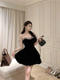 Black Velvet Womens Dresses Sexy Strapless Backless Wedding Party Mini Dress Slim Waist Prom A-Line Vestidos Female Clothes New
