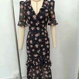 Pbong   Elegant Printed Laminated Women's Dress Slim Short Sleeve V-neck Waist-Closed Female Dresses Summer Autumn Party Lady New