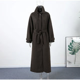 Elegant Grey Belt Long Faux Wollen Coat Women Lapel Double Breasted Street Coats Female 2025 Autumn Winter New Lady Peacoat