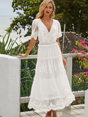 Hollow Out White Dress Sexy Women Lace Long Dress Cross Semi-Sheer Plunge V-Neck Short Sleeve Lace Maxi Dress