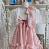 Japanese Kawaii Lolita Dress Sets Harajuku Sweet Short Party Dress Vintage Polka Dot Strap Dress + Short Cardigan Summer Suits
