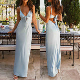 Pbong  Women's Elegant Solid Color Adjustable Thin Shoulder Straps Cutout Tie-Up Front Backless Summer Long Cami Silky Dress
