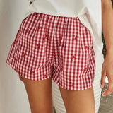 y2k Lounge Shorts Women Summer Cute Cherry Plaid Print Elastic Waistband Pajama Shorts 2000s Clothing Beach Streetwear