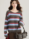 Korean Sweet Striped Sweater Women Sexy V Neck Vintage Knitted Jumper Casual Long Sleeve Female Lazy Wind Pullover Tops New