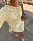 Butter Yellow Sexy One Shoulder Long Sleeve Drawstring Waist Knit Dresses For Women 2025 Autumn Beach Vacation Mini Dresses C105