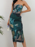 Pbong  Sexy Side Split Printed Mesh Double Layer Women's Dress Midi Length Sleeveless Thick Fabric Milk Fiber Chinese Production