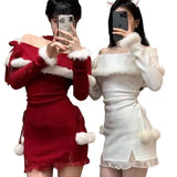 Pbong  Red Christmas Dress Women's Autumn Winter New Style Fleece Wrap around Short Skirt Birthday Gift Dress Warm Bodycon Dress