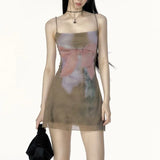 Summer French Harajuku Sling Short Dress Y2k Aesthetic All Match Bow Print Women Cloth French Slim Mesh Zip Up Dresses