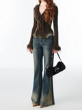 Korean Sexy Fashion Grunge Cardigan Y2k Aesthetic V-neck Jacket Women Harajuku Vintage Bandage Fur Patchwork Coat 2025 Autumn