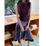 Pbong   Vintage Elegant Two-piece Satin Skirts Sets Bow Purple Tops T-shirt Korean Fashin Double-layer Polka Dot Skirts Women Outfits