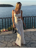 White Slim Beach Vacation Long Dress Summer Hollow Out Sleeveless Sexy Women Dress V-neck High Waist Casual Y2K 2025 New Dress