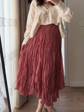 Crinkle Pleated Midi Skirts for Women Summer Clothes Elastic High Wasit A Line Fashion Skirt Female Vintage Elegant Long Skirt