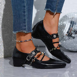 Pbong  British Vintage Beaded Mary Janes Shoes for Woman Spring Square Toe Metal Ankle Strap Pumps Woman Comfortable Heels Loafers